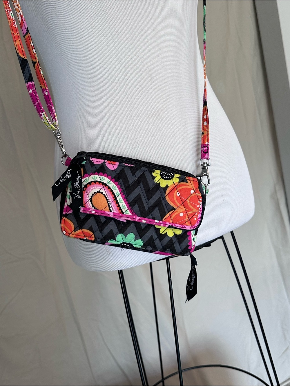 Vera Bradley Black All in One Crossbody with Pink, Orange, Yellow & Teal Floral